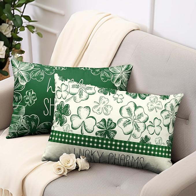Green Lucky Charm Lumbar Pillow Covers 12x20 Set of 2 Hello Shamrocks St Patricks Day Throw Pillow Covers Clover Hat Cotton Linen Cushion Case for March Holiday Home Outdoor Decor Sofa