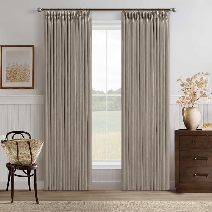 Taupe Burlywood Linen Curtains 80 Inches Long 2 Panels Set for Living Room Pinch Pleated Semi Sheer Window Drapes Light Filtering Burlap Flax Bedroom Curtain with Back Tab 50 x 80 Inch Length