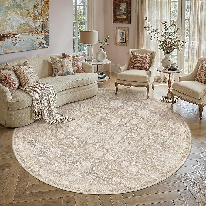 6R Beige Washable Neutral Area Rug for Living Room Floral Non Slip Low Pile Round Rug Indoor Vintage Traditional Stain Resistant Distressed Carpet Bedroom Dining Room Classroom Office Playroom
