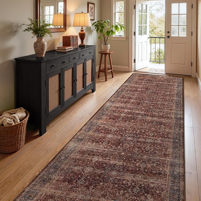 Washable Runner Rug 3x10, Vintage Farmhouse Dark Hallway Runner for Kitchen Floor Non Slip, Low Pile Thin Print Long Carpet Runner for Entryway Corridor Mudroom Foyer, Brick Red