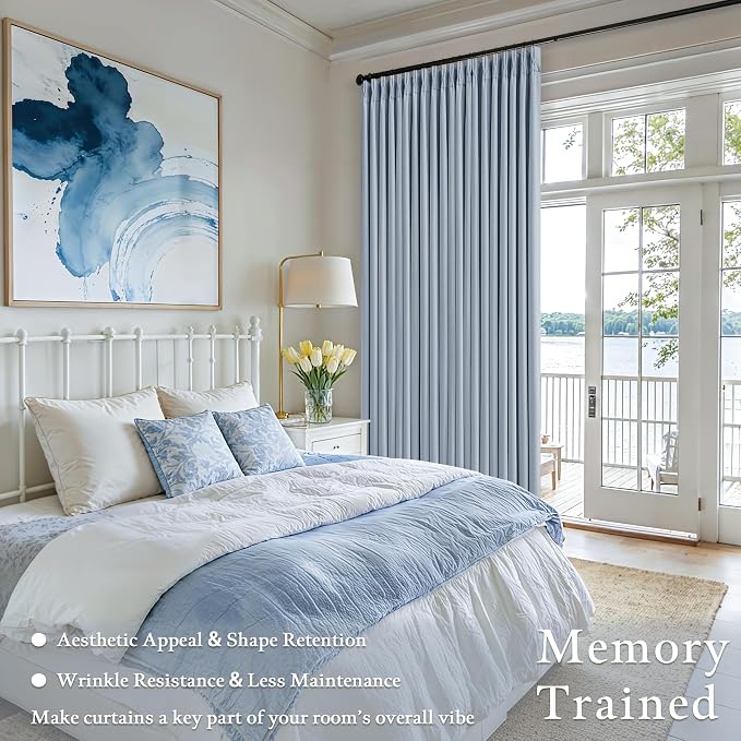 Light Blue Pinch Pleated Blackout Curtains 102 Inches Long for Kids Bedroom 100% Black Out Thick Linen Dual Layer Pleated Drapes Farmhouse Coastal Sky Blue 102 Inch Curtain for Dining Living Room