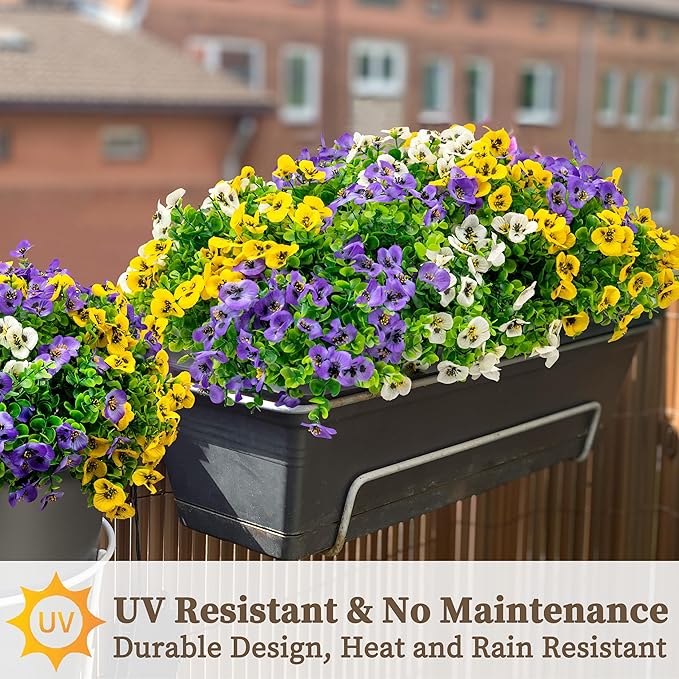 ColoPlay 12 Bundles Artificial Fake Pansy Flowers for Outdoor - Yellow, White & Purple Faux Pansies Flowers, Fake Flowers for Outdoor Planters, Porch, Garden, Window Boxes, and Home Decoration
