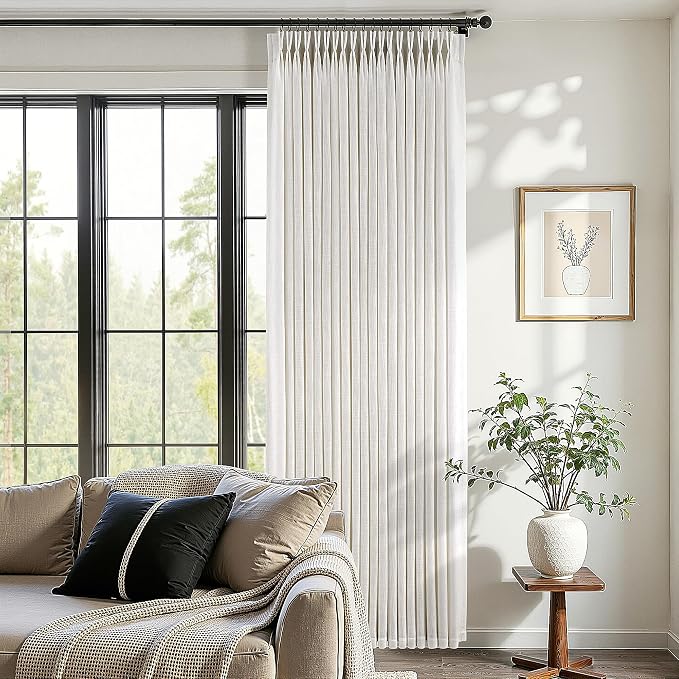 100 Inch Wide Pinch Pleated Linen Curtains 112 Inches Long for Living Room Sliding Glass Door Memory Shape Trained Pleated Drapes Natural Cream Beige Light Filtering Curtains 100W x 112L