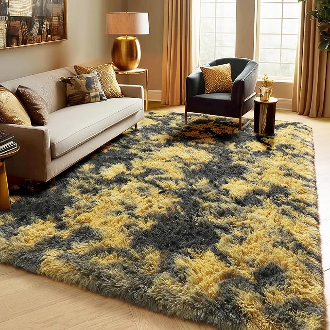 PAGISOFE 4x6 Black and Yellow Bedroom Rugs, Fluffy Modern Living Room Area Rug, Fuzzy Shaggy Carpet, Indoor Plush Rugs for Kids Room Furry Floor Rug for Boys Room Decor Carpet for Teen Dorm Nursery