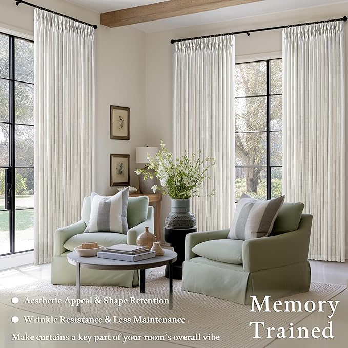 Pinch Pleated 98 Inch Linen Curtains for Living Room Dining Bedroom Pinch Pleat Hooks Rings Back Tab Light Filtering Semi Sheer Curtain Drapes for Large Window Boho Neutral Cream 2 Panels W50xL98