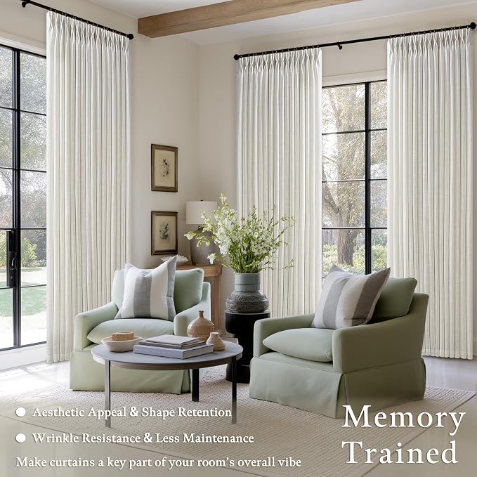 Pinch Pleated 90 Inch Linen Curtains 2 Panels Set for Living Room Pinch Pleat Drapes Track System Memory Trained Light Filtering Semi Sheer Curtain 90 Inches Long for Dining Bedroom Office W50xL90