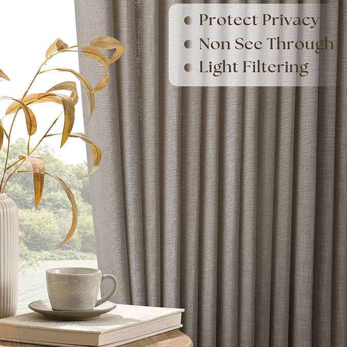 Pinch Pleated Linen 108 Inch Curtains 70 Inch Width for Living Room Divider Light Filtering Thick Taupe Linen Extra Wide Patio Curtains for Sliding Door Balcony Floor to Ceiling Window 1 Panel