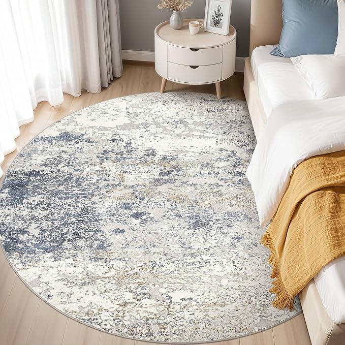 DMOYEST 6ft Round Area Rug Living Room Rugs - 6x6 Washable Large Soft Indoor Modern Abstract Low Pile Rug Carpet for Bedroom Dining Room Farmhouse Home Office - Beige Blue