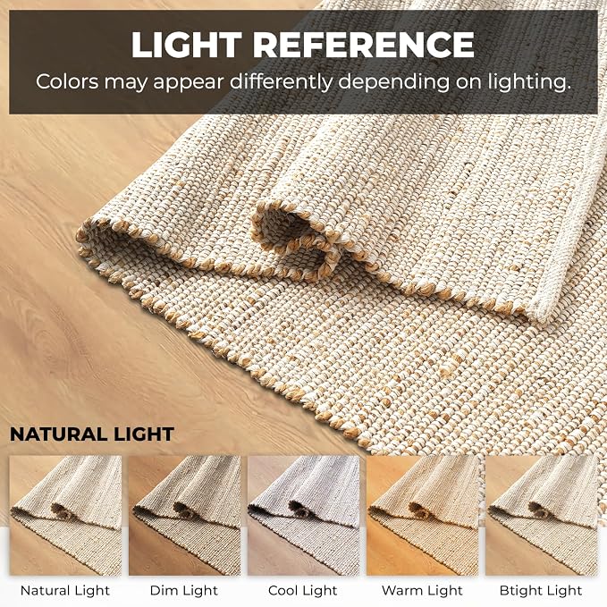 GRUHUM Jute Cotton Area Rug 5'x8' ft Rectangle Handwoven Natural Fabric Farmhouse Rug for Living Room, Bedroom Kitchen - Rustic Vintage Bohemian Eco-Friendly Carpet Home Décor 5x8 ft Natural Boho Rug
