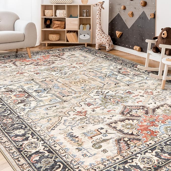 Area Rug for Living Room - 6x9 Soft Machine Washable Oriental Vintage Floral Distressed Large Indoor Floor Carpet for Bedroom Under Dining Table Home Office Decor - Multi
