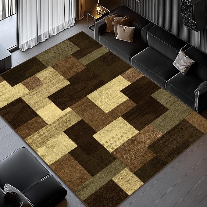 Modern Geometric Patchwork Indoor Area Rug for Living Room, Warm Taupe 10x14 Large Rug Rockwood Collection Hardwood Floors Decor for Bedroom, Taupe Throw Carpet for Office Entryway Dining Room