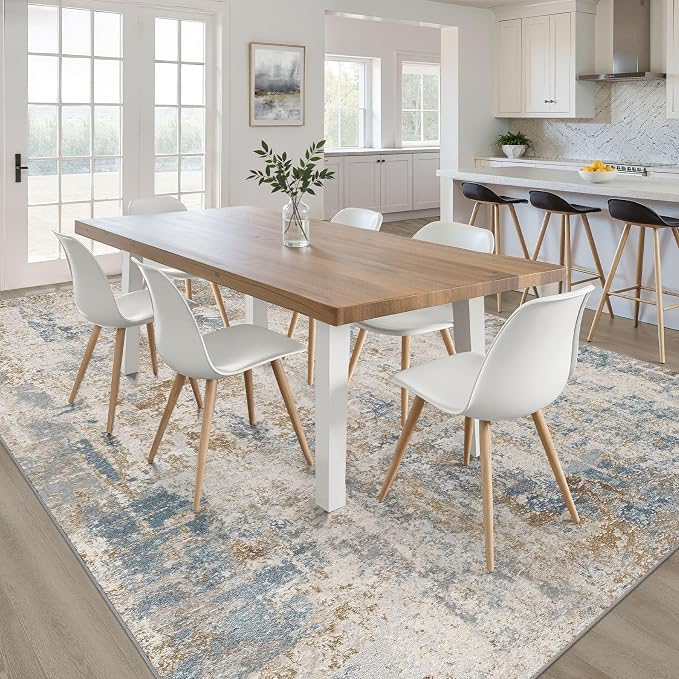 7x9 Area Rug Living Room: Washable Large Neutral Rug Abstract Soft Modern Stain Resistant Indoor Floor Non-Slip Carpet for Bedroom Nursery Kids Office Playroom Dining Room Under Table- Blue Brown