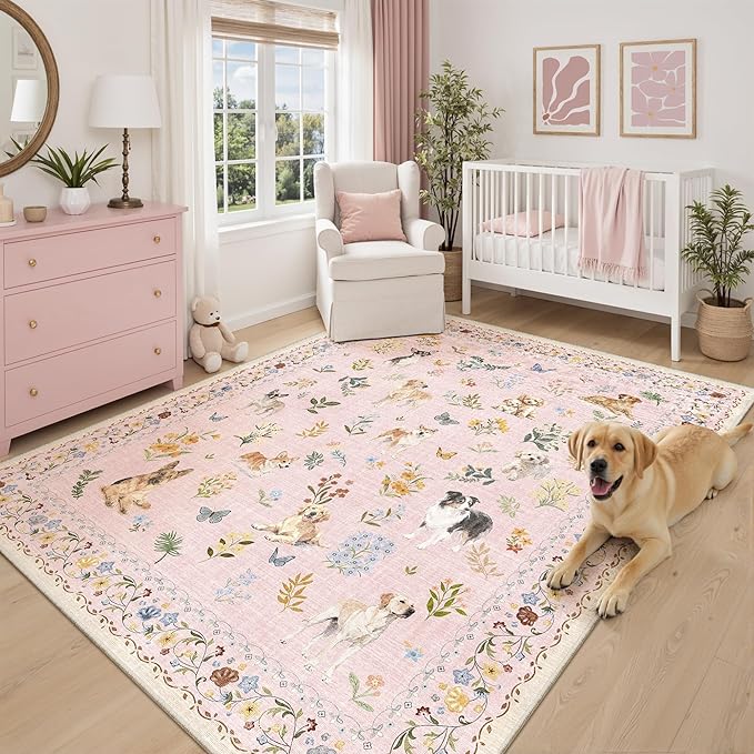 Soalmost Dog 5x7 Area Rugs for Living Room, Machine Washable Animal Floral Vintage Rug Non-Slip Low Pile Soft Throw Rugs for Kitchen Dining Room Bedroom Nursery Playroom (5 x 7,Pink)
