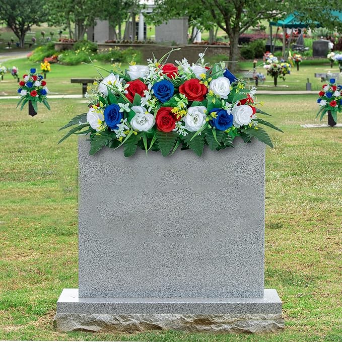 DONODA Cemetery Tombstone Flower Saddle - Outdoor Grave Decorations - Non-Bleed Colors, Rose Combination Flower. (Red, Blue, and White Saddle)