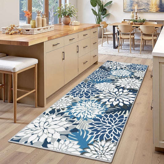 Area Rug 2x6 Blue White Washable Entry Rug Multicolored Tropical Botanical Modern Floral Indoor Kitchen Door Mat Entrance Carpet Non Slip for Bedroom Living Room, Porch