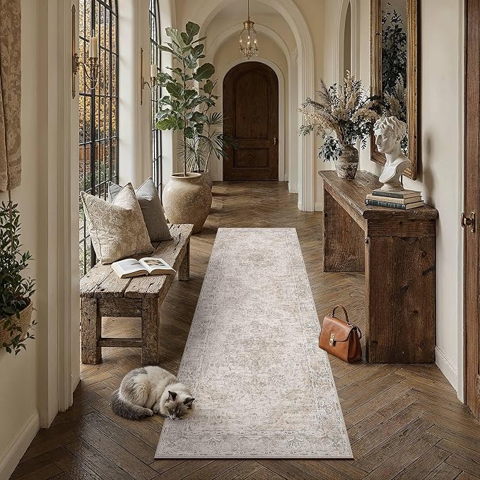 HUGEAR Hallway Runner Rugs 2x8 Washable Rug Beige Vintage Rug Carpet Low Pile Non Slip No Shedding Soft Durable Indoor Bedroom Kitchen Home Decor Floor Mat