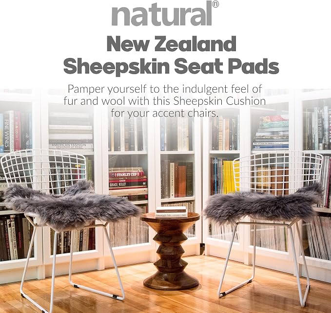 Set of 2, Natural Sheepskin Chairpad with Non-Slip Backing | 100% Real New Zealand Wool Sheepskin for Car Seat, Accent Chair, or Vanity Chair, Grey