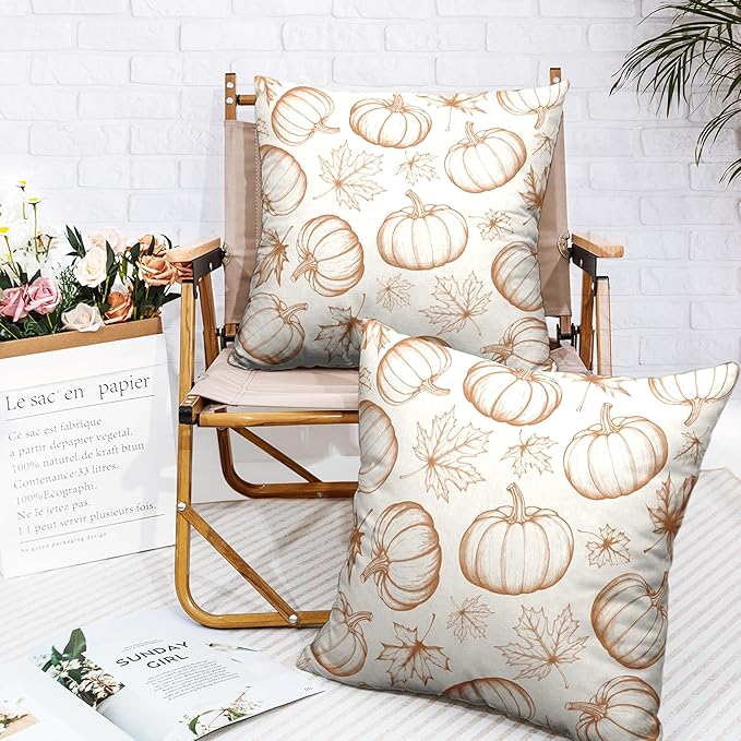 Fall Pumpkin Pillow Covers 16x16 Set of 2 Burnt Orange Cream Maple Leaves Throw Pillow Covers Autumn Pillowcase Thanksgiving Cushion Case for Home Decor Outdoor Sofa