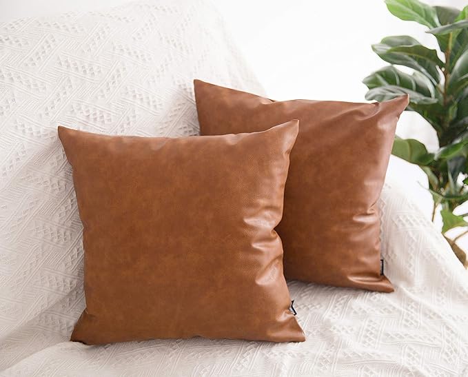 Faux Leather Throw Pillow Covers 16x16 inch, Set of 2 Thick Cognac Brown Modern Boho Farmhouse Decor Small Square Decorative Bedroom Living Room Cushion Cases for Couch Bed Sofa