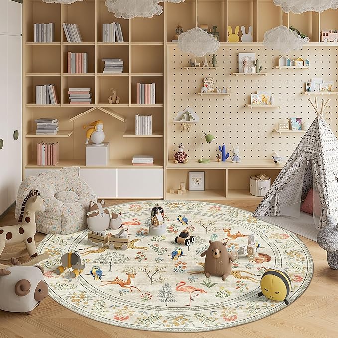 DUKINO 6ft Round Rug for Bedroom, Animal Print Washable Circle Rug with Low Pile Design, Soft Indoor Floor Non Slip Carpet for Entryway, Living Room, Office, Dining Room, Beige
