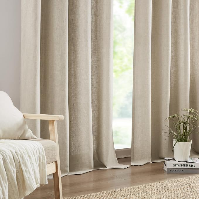 Central Park Sand Pinch Pleated Light Filtering Curtain Panel 95 Inch Long Linen Blended with Microfiber Liner Textured Window Treatment Set for Living Room Bedroom with Back Tabs Hooks, 40"L x95"W x2