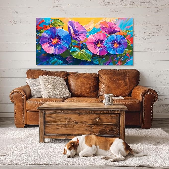 Ggaafet Blue Purple Flowers Wall Art for Bedroom Canvas Oil Painting Prints Beautiful Morning Glory Floral Blooming Art Deco Vibrant Artwork Office Family Dining Room Decor