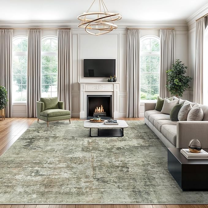 Soalmost Abstract Rug 8x10 Large Living Room Neutral Modern Washable Area Rugs for Bedroom Dining Room Non-Slip Stain Resistant Foldable Thin Green Black