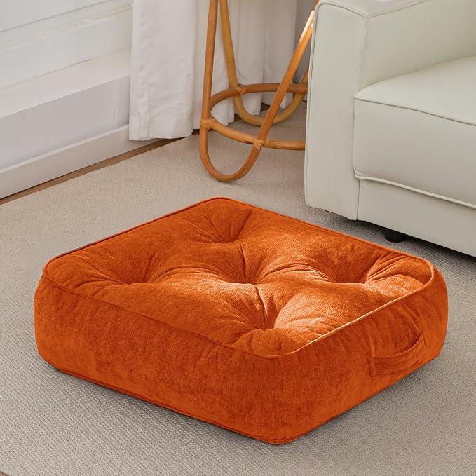 HIGOGOGO 6" Extra Thick Floor Pillow Cushion for Adults, Meditation Cushion Pillow with Handle, Lustrous Chenille Tufted, Square Floor Sitting for Tatami Living Room or Yoga, 22x22 Inch, Orange