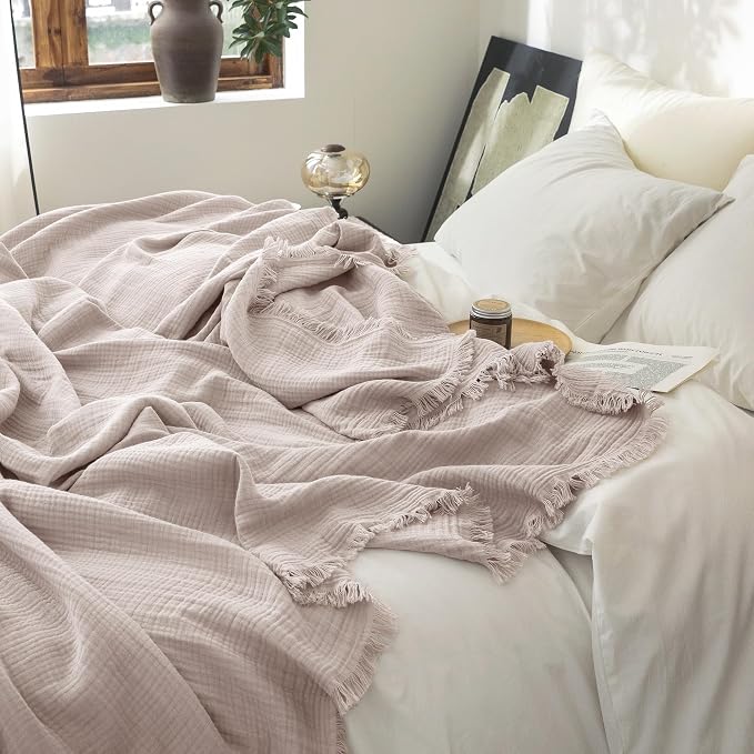 FOSSA Muslin Blanket 4-Layer 100% Cotton Gauze Blanket with Fringe 108"x98" | Super Soft Breathable Lightweight All Season & Decorative Blanket or Bed, Sofa, Office (Greyish Pink,Super King)