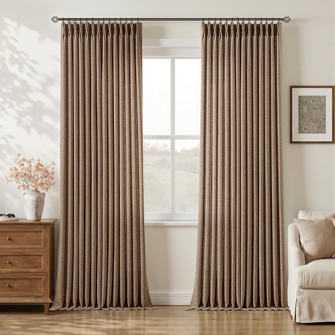 Pinch Pleated Rust Brown Curtains for Living Room 96 Inches Length Vintage Rustic Memory Shaped Semi Sheer Pinch Pleat Flax Linen Drapes for Track System Tan Light Filtering Back Tab Window Curtain