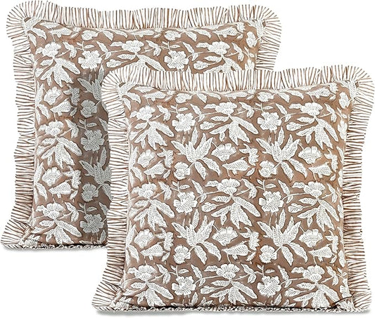 Ridhi Block Print Oak Brown Throw Pillow Cover 20" x 20" (Pack of 2) Decorative Cushion Covers with Ruffle for Couch, Sofa, Bed, Living Room, Home Decor Gift for Spring, Easter, Valentine
