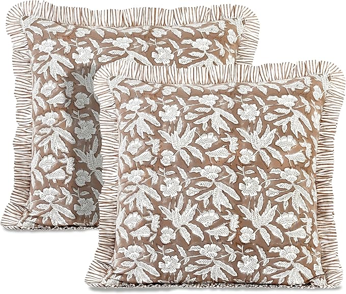 Ridhi Block Print Oak Brown Throw Pillow Cover 18" x 18" (Pack of 2) Decorative Cushion Covers with Ruffle for Couch, Sofa, Bed, Living Room, Home Decor Gift for Spring, Easter, Valentine