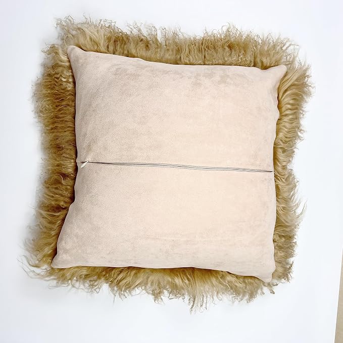 MOOX Mongolian Lamb Fur Pillow Covers Lumbar Throw Sheepskin Pillow Case Genuine Wool Fur Tibetan Accent Living Room Bedroom Decorative Cushion Cover (20x20inch, Gold)