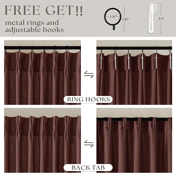 Maroon Pinch Pleated Linen Curtains 108 Inches Long for Living Room 2 Panels Set Flax Double Pleated Drapes Back Tab Farmhouse Ceiling Floor 108 Inch Window Curtains Bedroom Chestnut Reddish Brown