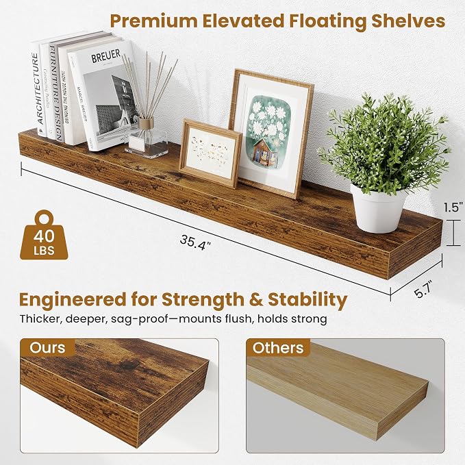 Fun Memories Floating Shelves for Room Wall, 36 Inch Long Shelf Set of 2， Hanging Wood Shelves for Storage & Display, Rustic Brown