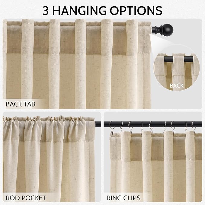 Extra Long Tan Linen Curtains 120 Inches for Living Room Back Tab Neutral Farmhouse Drapes Light Filtering Semi Sheer Curtain 120 inch for Floor to Ceiling Window Patio Sliding Door,2 Panels