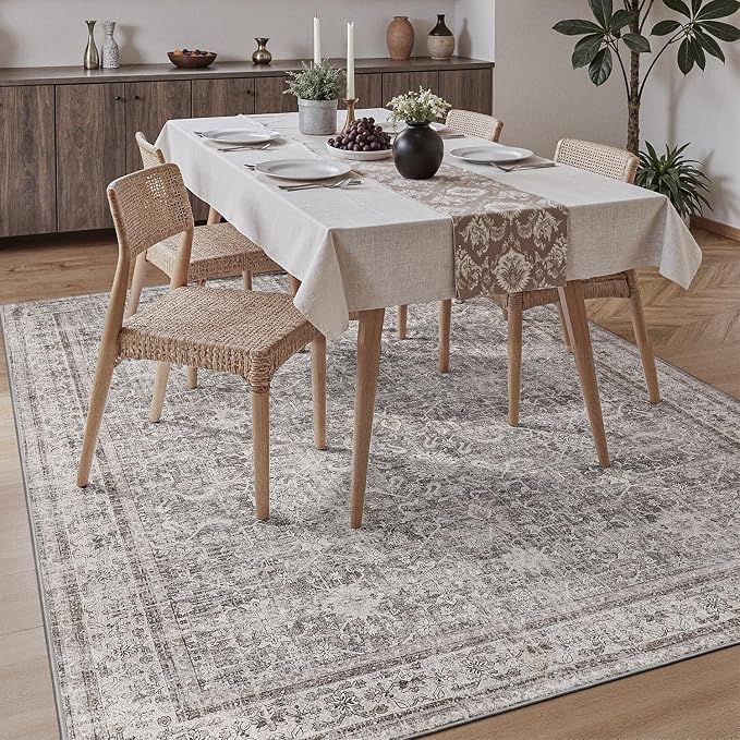 DCX Gray 9x12 Rug, Kid & Pet Friendly with Rubber Back Non Slip, Machine Washable Stain Resistant Vintage Traditional Distressed Carpet, Rug for Living Room, Bedroom, Home Decor