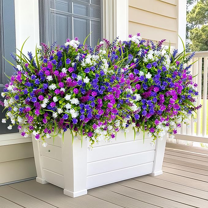 AXYLEX Artificial Flowers for Outdoors Fake Plants - 12 Bundles Faux Outside Greenery Boxwood No Fade Plastic Shrubs Home Decor Farmhouse Garden (Mixed, 3 Colors Magenta Purple White)
