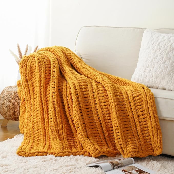 Battilo Chunky Knit Throw Blanket for Couch, Bed, 50"x60"，Mustard Yellow | Hand Knit, BohoThrow Blanket, Fall Decorative Throw, Cozy Warm Thick Soft Chenille Throw Blanket for Living Room
