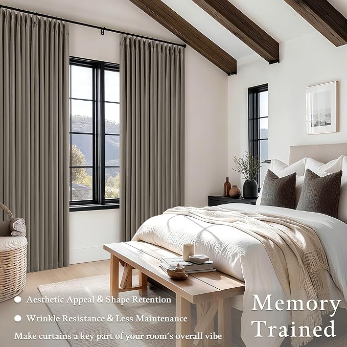Desert Taupe Linen Blackout Pleated 86 Inch Curtains for Living Room Darkening Pinch Pleat 100% Black Out Drapes Thermal Insulated Soundproof Brownish Grey 86 Inch Curtain for Dining Bedroom