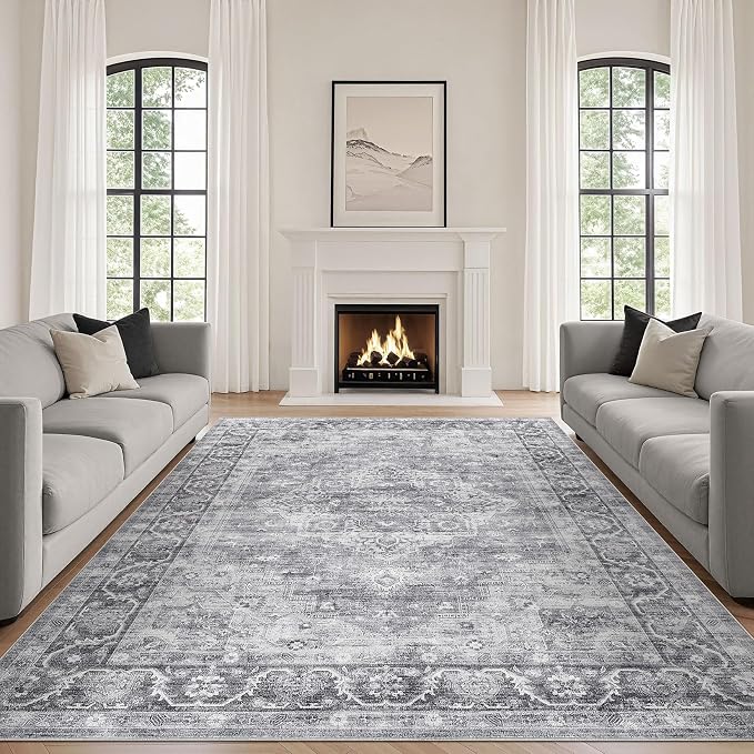 7x9 Area Rug Living Room: Washable Boho Large Neutral Vintage Soft Rug Stain Resistant Farmhouse Non-Slip Indoor Floor Carpet for Bedroom Nursery Kids Playroom Office Dining Room- Gray