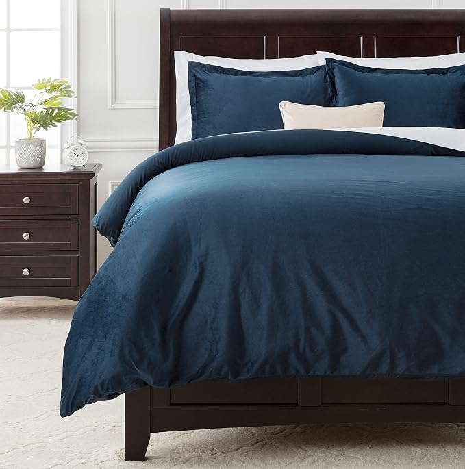 Chanasya Premium Velour Velvet Duvet Cover Set - Duvet Cover (90” x 90”) & 2 Pillow Shams (20” x 26”) - 3-Piece Set - Indigo, Queen Size