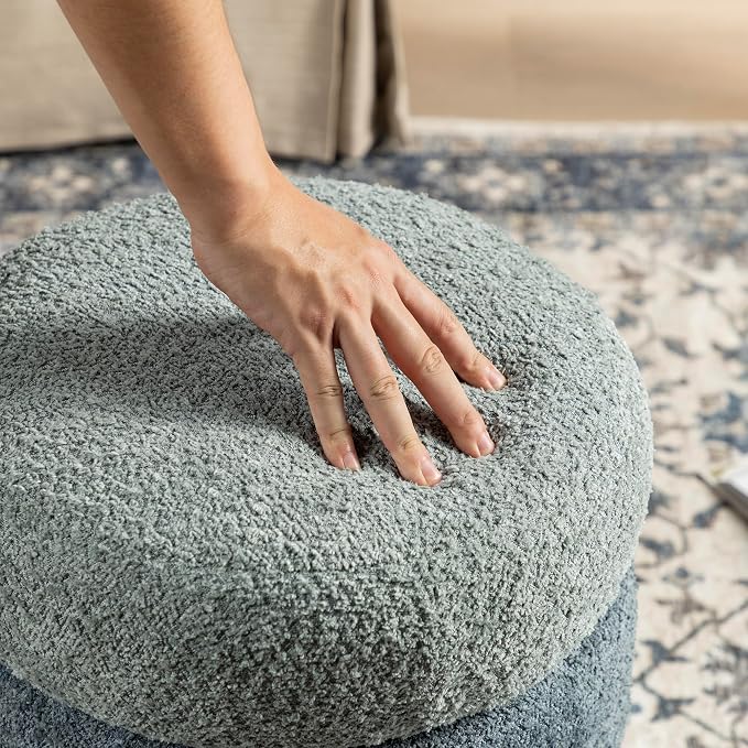 Glitzhome Round Ottoman with Storage, Small Foot Stool, Modern Accent Stool Upholstered Vanity Stool with Rubberwood Ball Feet for Bedroom Living Room Dorm Room, Gradient Blue