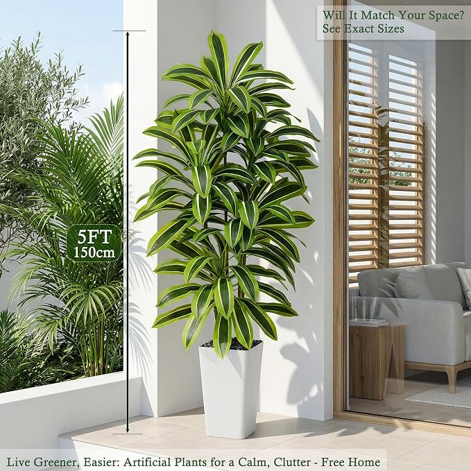 Artificial Dracaena Tree：5FT Faux Silk Tropical Yucca Floor Trees Realistic Fake Green Plant with Natural Wood Trunk & Lifelike Leaves for Home Office Decor Indoor & Outdoor (5FT,1-Pack,White)