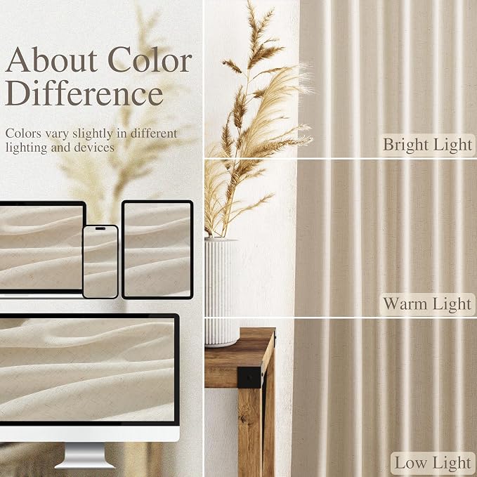 Nanspring Birch Beige Linen Curtains 84 Inches Long for Living Room Light Filtering Semi Sheer Curtain Back Tab Modern Farmhouse Decor Elegant Luxury Coastal Drapes for Bedroom Office 52x84,2 Panels