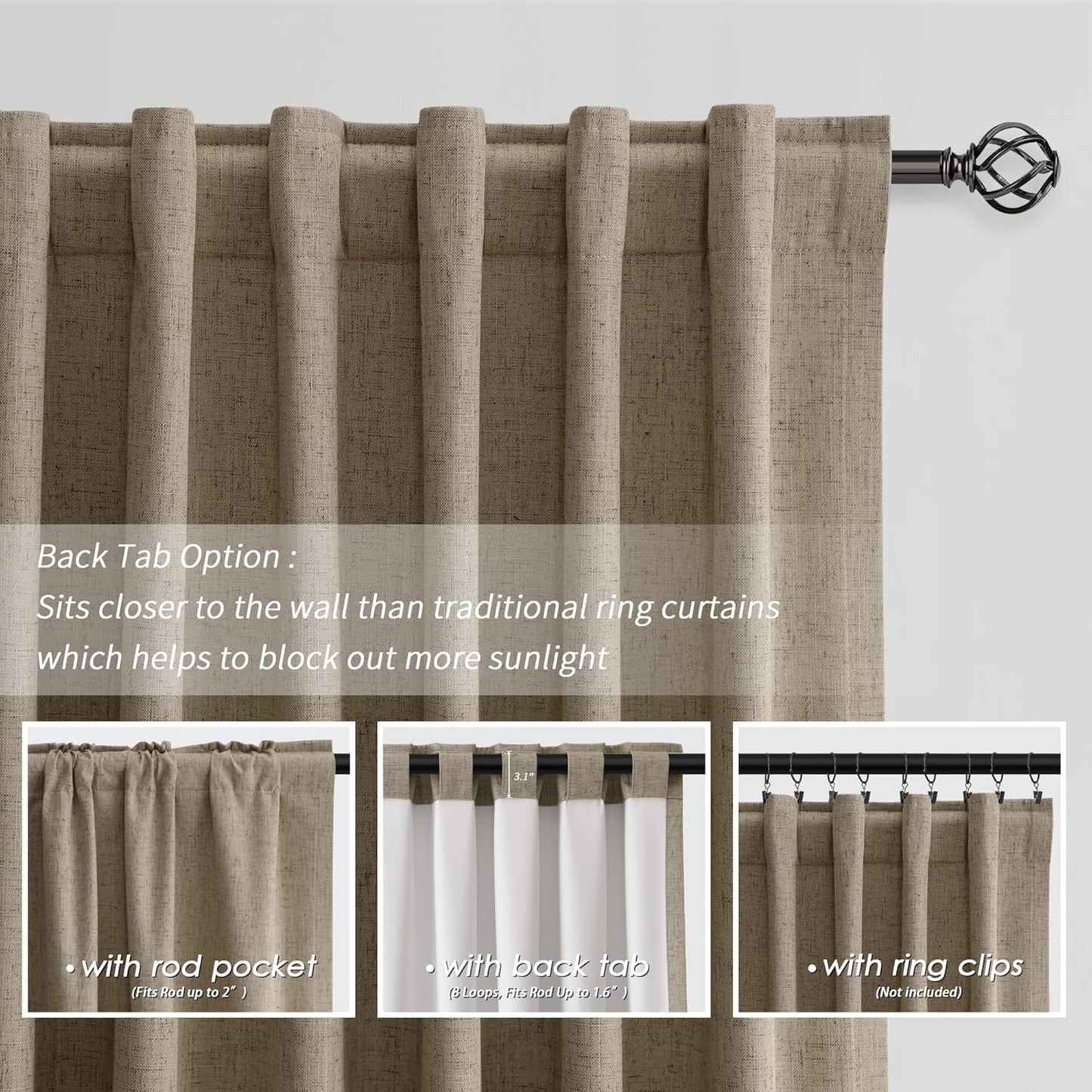Matcha Brown Linen 100% Blackout Curtains for Bedroom 102 Inch Long 2 Panels Window Curtain Floor to Ceiling Length for Living Room Sliding Glass Door Back Tab Linen Room Darkening Drapes 52x102