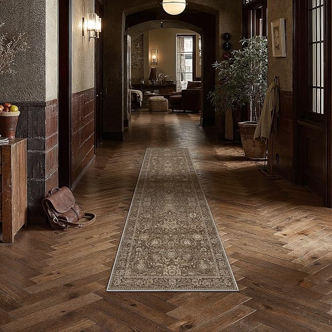 HUGEAR Hallway Runner Rugs 3x8 Brown Washable Rug Neutral Vintage Rug Carpet Distressed Soft Durable Non Slip No Shedding for Indoor Bedroom Kitchen Dining Nursery Laundry