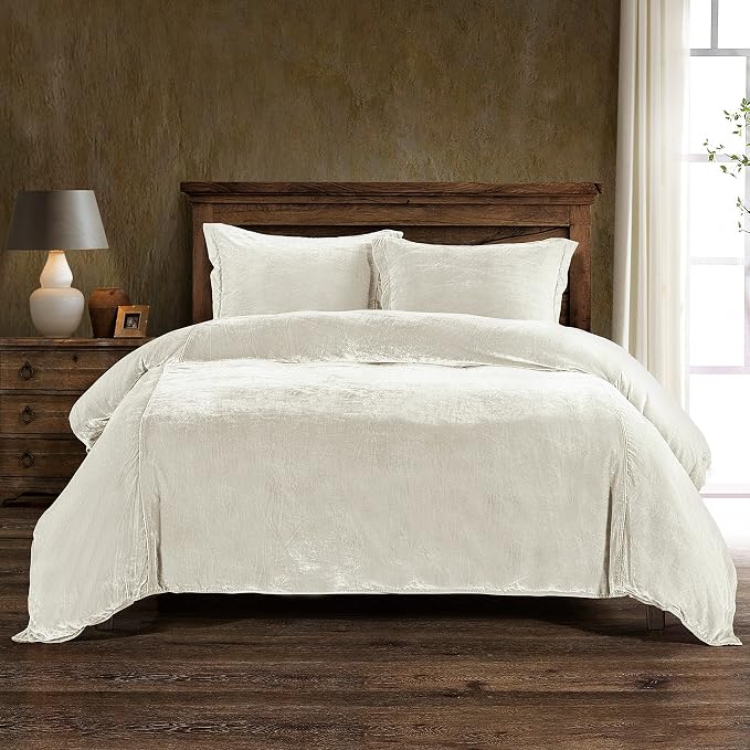 HiEnd Accents Stella Faux Silk Velvet 3 Piece Duvet Cover Set with 2 Pillow Shams, King, Stone, Romantic Western Modern Traditional Style Luxury Bedding, 1 Comforter Cover and 2 Pillow Cases
