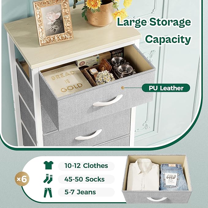 Huuger 43.3 Inch Tall Dresser for Bedroom, 6 Drawer Night Stand & Chests of Drawers, Fabric Dresser for Closet, Bedroom, Nightstand, End Table with Metal Frame, Storage Tower with Fabric Bins, Grey