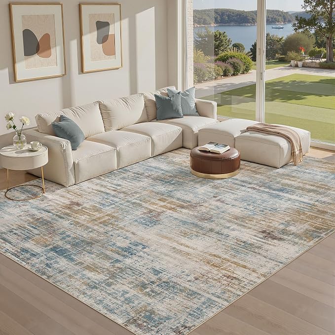 UERMEI 9x12 Area Rug for Living Room: Washable Modern Neutral Abstract Large Soft Low Pile Carpet Non-Slip Pet Kids Friendly Indoor Decor for Bedroom Dining Room Home Office Nursery Blue Brown